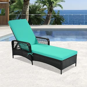 1-Piece Black Rattan Wicker Outdoor Patio Chaise Lounge with Adjustable Backrest Arm Chair with Cushion in Green