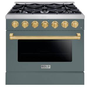 BOLD 36 in. 5.2 CF 6-Sealed Burners Freestanding Range with NG Gas Stove and Gas Oven, GR RAL 7031 with Brass Trim