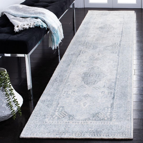 Restoration Vintage 2 ft. x 7 ft. Gray/Light Blue Ornate Border Runner Rug