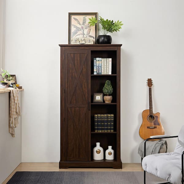 39.37in x 15.75in x 74.4in Espresso Vintage MDF Ready to Assemble Kitchen Cabinet with 1 Barn Door and 3 Shelves