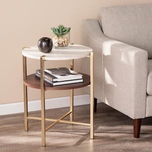Ballia Brass and Dark Tobacco with White Faux Travertine Round End Table