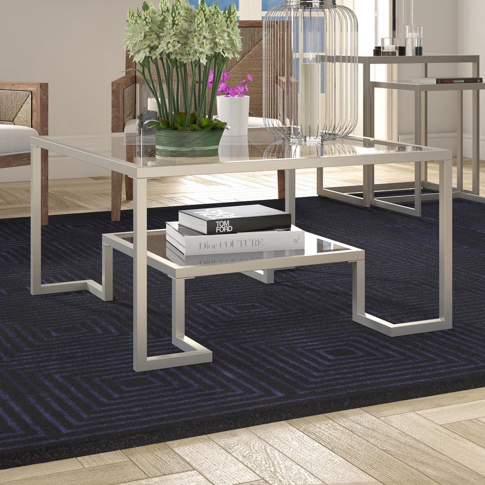 Athena 32" Satin Nickel Square Metal Coffee Table with Glass Shelves