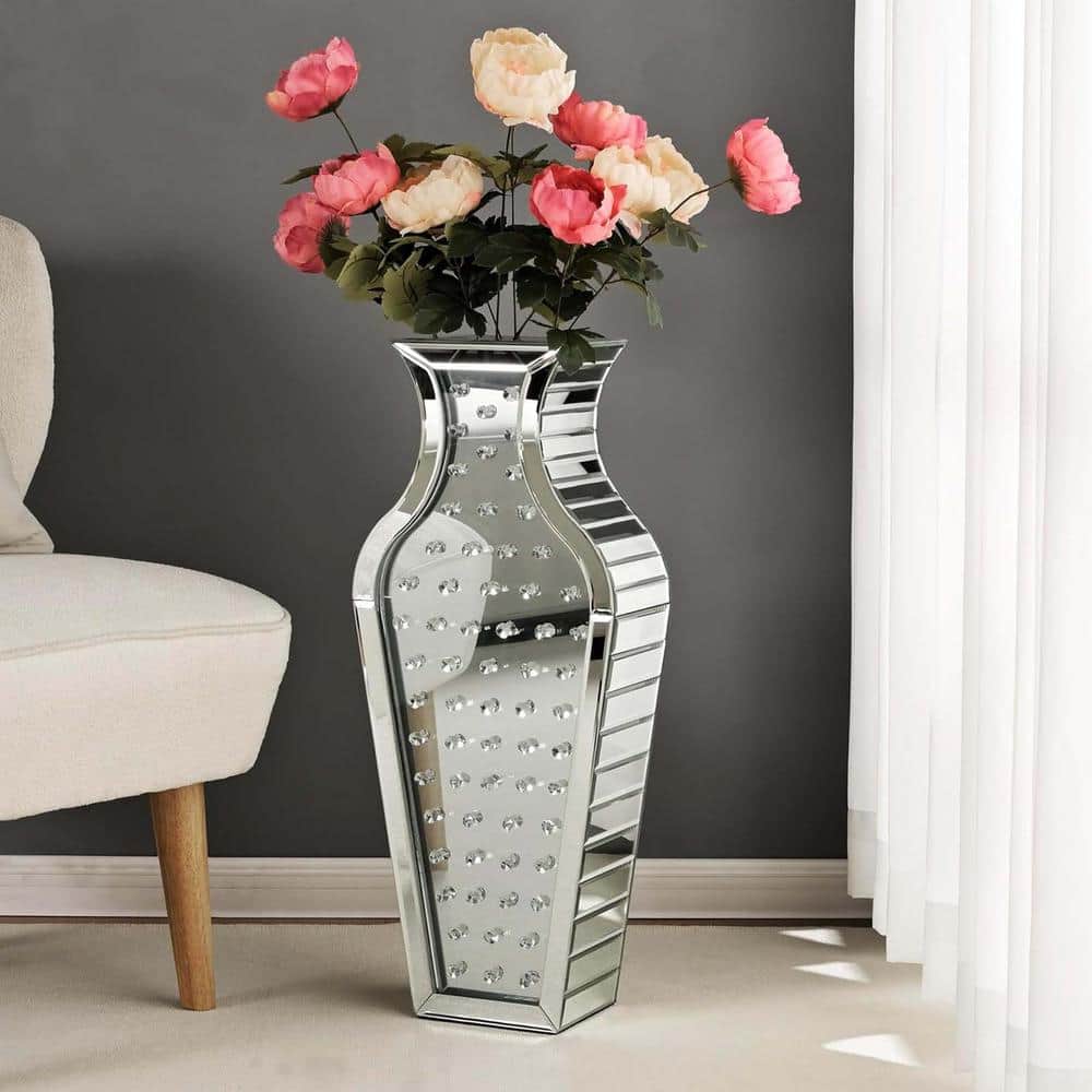 27 in. H Floor Vase Crystal Mirrored Vase Crystal Silver Glass Decorative M