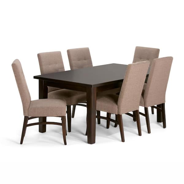 Simpli Home Ezra 7-Piece Dining Set with 6 Upholstered Dining Chairs in Natural Linen Look Fabric and 66 in. Wide Table