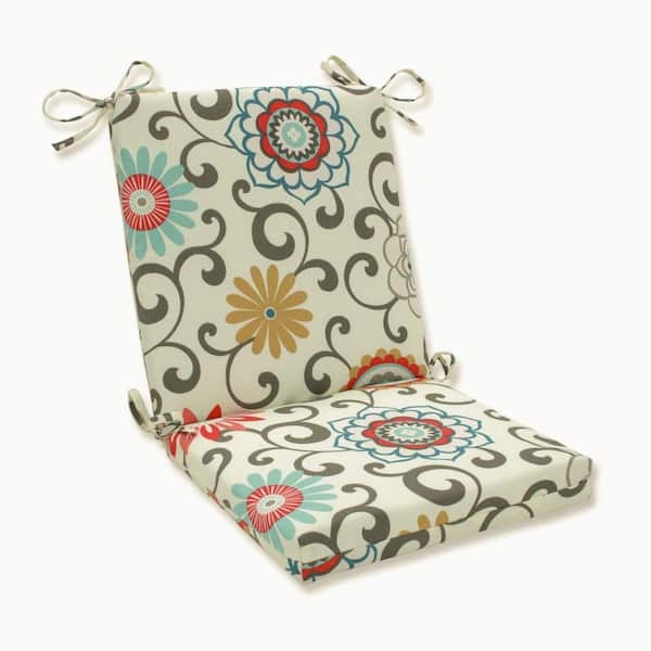 Pillow Perfect Floral Outdoor/Indoor 18 in. W x 3 in. H Deep Seat, 1-Piece Chair Cushion and Square Corners in Blue/Brown Pom Pom Play
