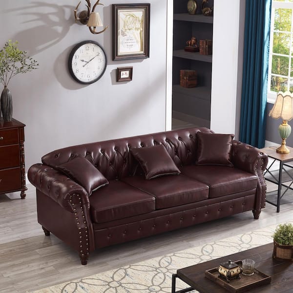Yvaron 85.8 in. Rolled Arm Button Tufted Nailheads PU Faux Leather Rectangle Storage Chesterfield Sofa in Burgundy