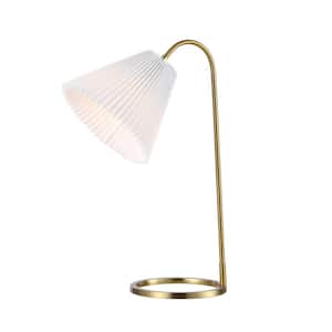 Callie 22 in. Brass Gold LED Table Lamp White Modern Glam Metal Arc Adjustable Head with Pleated Shade