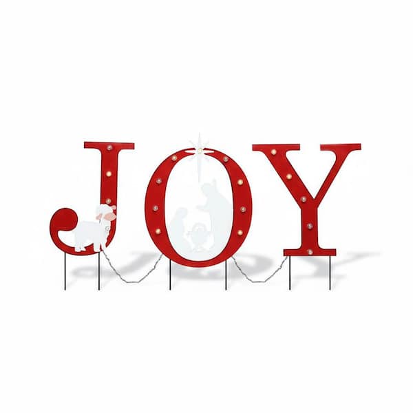 21” LED Lighted Metal Christmas Yard Stakes - Joy Sign & Nativity Scene, Outdoor Decor