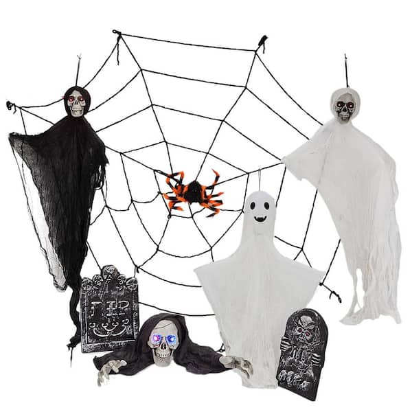 78 in. 8-Piece Hanging Ghosts Decor and Cobweb and Gravestone with Lighted Up Eyes Halloween Yard Decorations