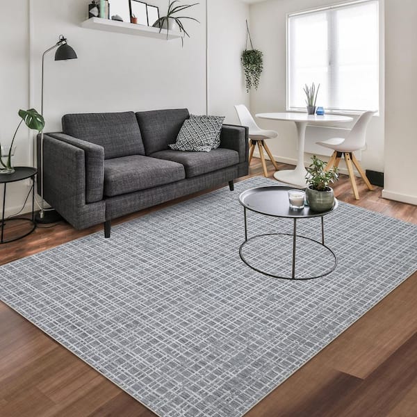 Modern Geometric Indoor Non-Slip Carpet Machine Washable Carpet Low Pile Foldable Carpet Gray, 9 ft. x 12 ft. Area Rug