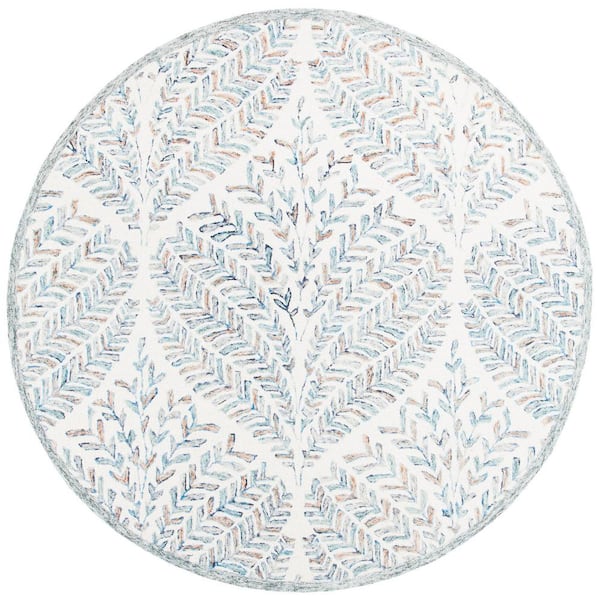 SAFAVIEH Capri Ivory/Blue Doormat 3 ft. x 3 ft. Geometric Leaf Round Area Rug