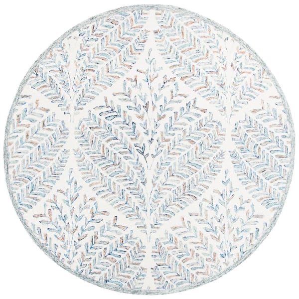 Capri Ivory/Blue 7 ft. x 7 ft. Geometric Leaf Round Area Rug