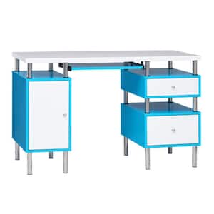 47.2"W 2-Drawer Two Tone Small Desk with Keyboard Tray, Power Outlets, USB Port Charging Station - Robin Egg Blue, White