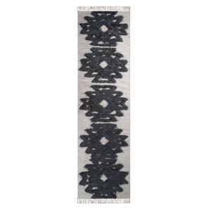 10 ft. Ivory And Charcoal Wool Geometric Flatweave Handmade Stain Resistant Runner Rug with Fringe