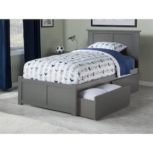 Madison Grey Twin XL Solid Wood Storage Platform Bed with Flat Panel Foot Board and 2 Bed Drawers