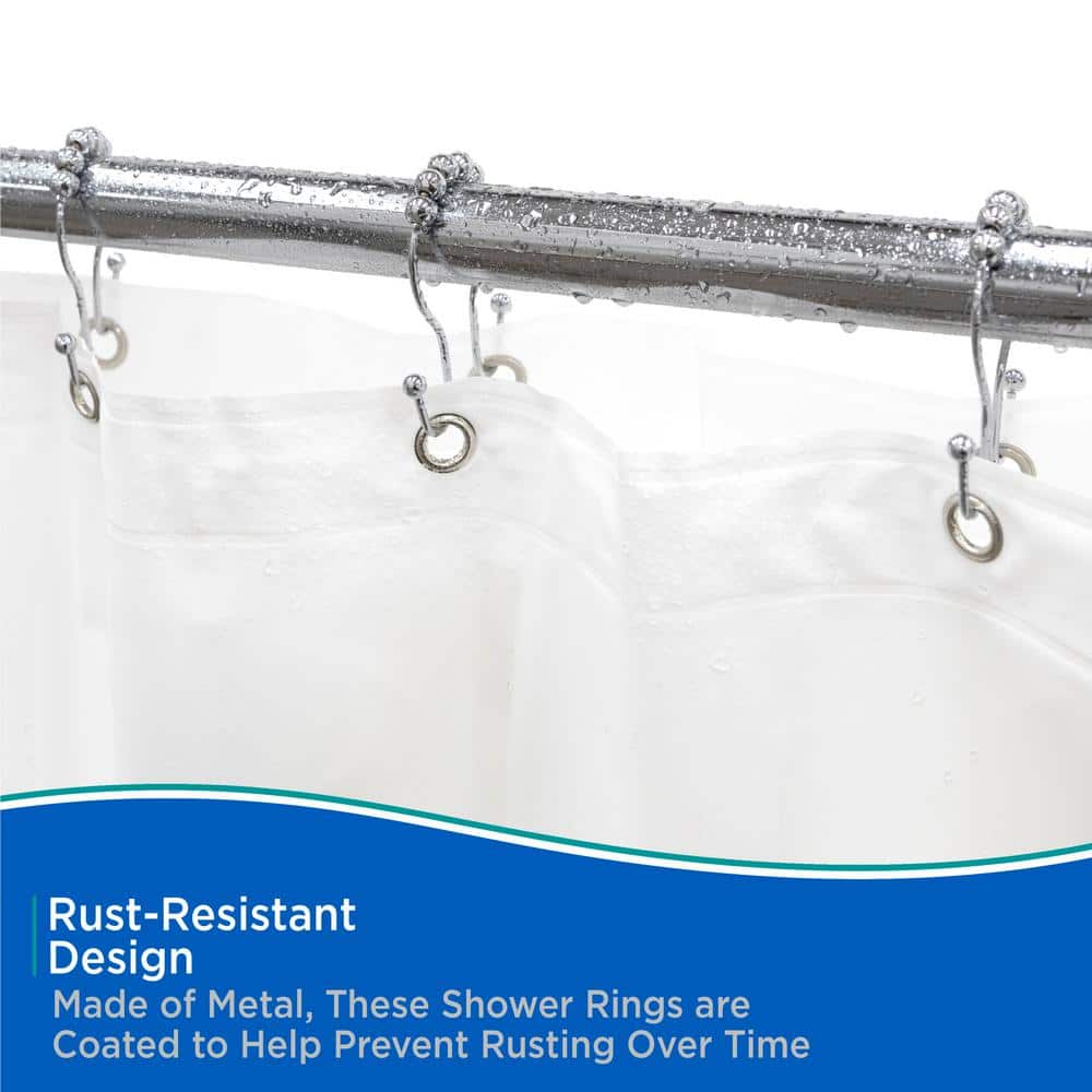 Chrome Metal Beaded Roller Ball Shower Curtain Double Hooks, Set of 12