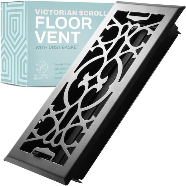 HOME INTUITION Victorian Scroll 4 in. x 14 in. Decorative Floor Register Vent with Mesh Cover Trap, Matte Black