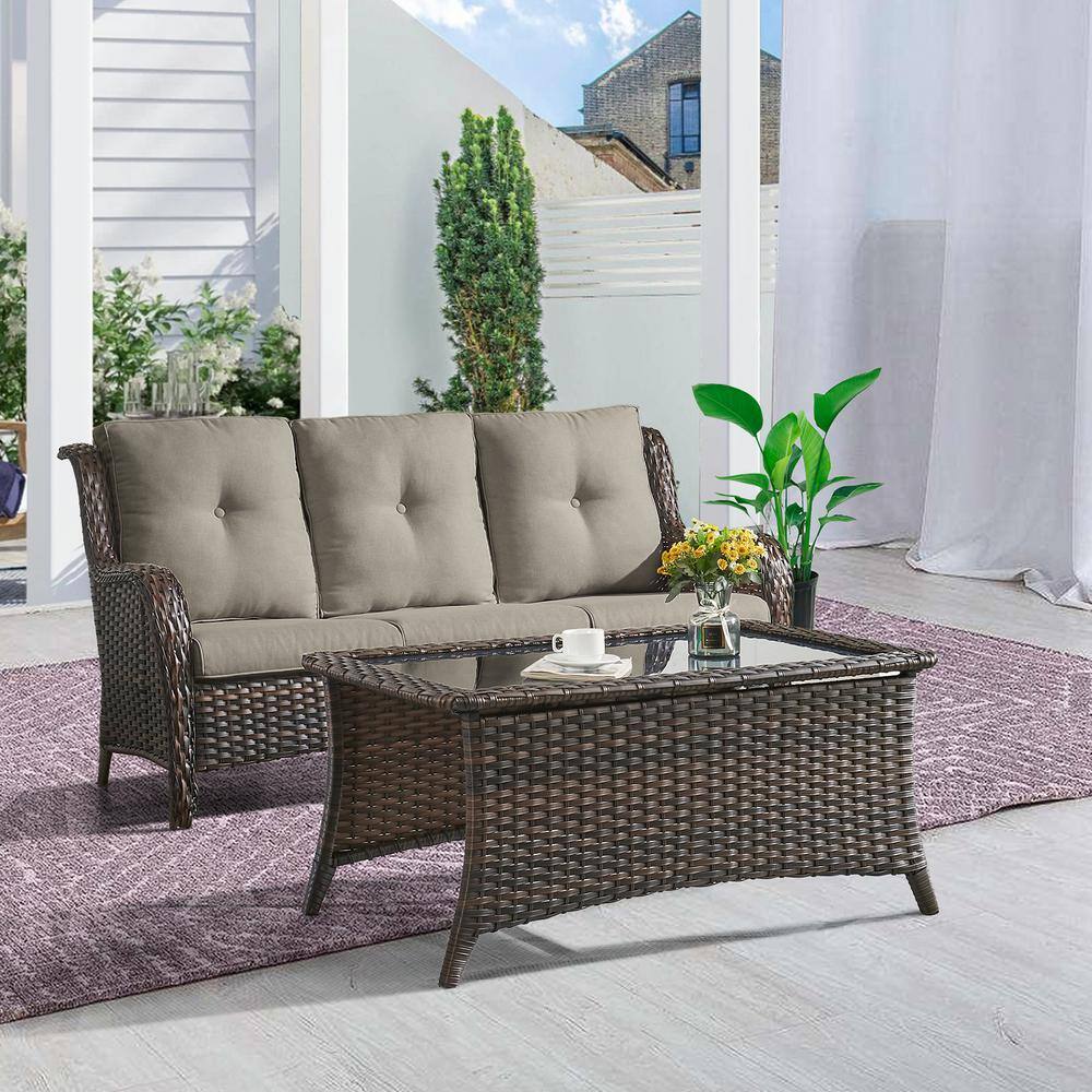 ArcoBay 2-Piece Brown Wicker Outdoor 3-Seat Couch Sofa Patio Conversation Set with Gray Cushions and Coffee Table price history on PriceWatchPro