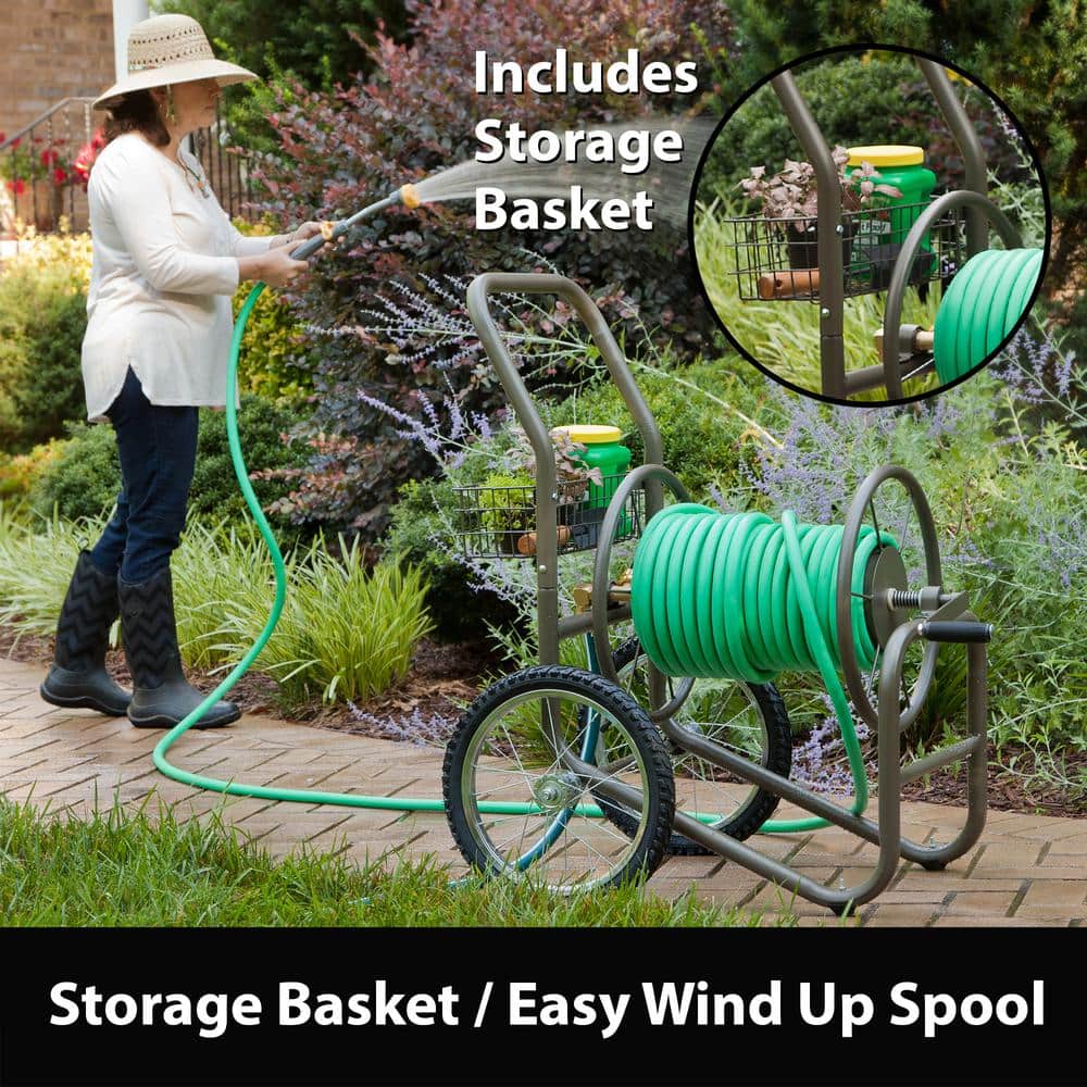 Liberty Garden Brown Steel 300-Foot Hose Reel Cart with Basket