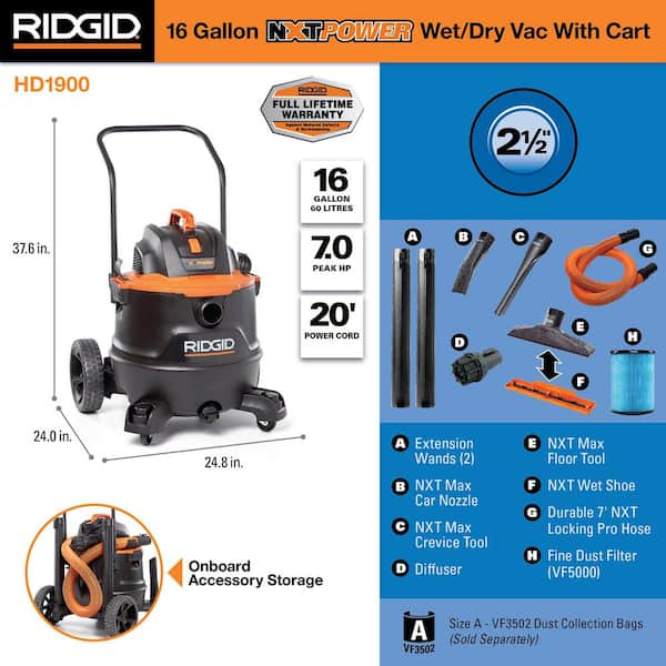 16 Gal. 7.0 Peak HP NXT Power Shop Vacuum HD1900 Wet Dry Vac with Cart, Fine Dust Filter, Pro Hose and Accessories