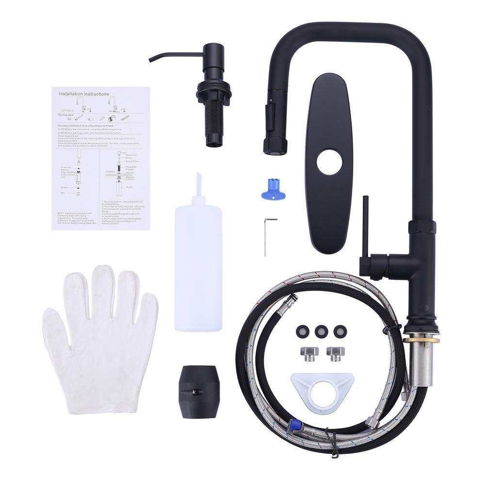 Matte Black Stainless Steel Pull-Out Spray Kitchen Faucet with Soap Dispenser
