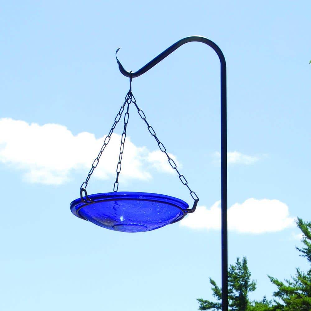 Cobalt Blue Crackle Glass Hanging Birdbath with Iron Chain