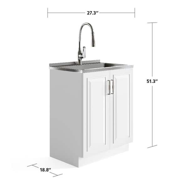 Simpli Home Darwin 28-Inch Utility Sink & Cabinet in White with Stainless Steel Sink