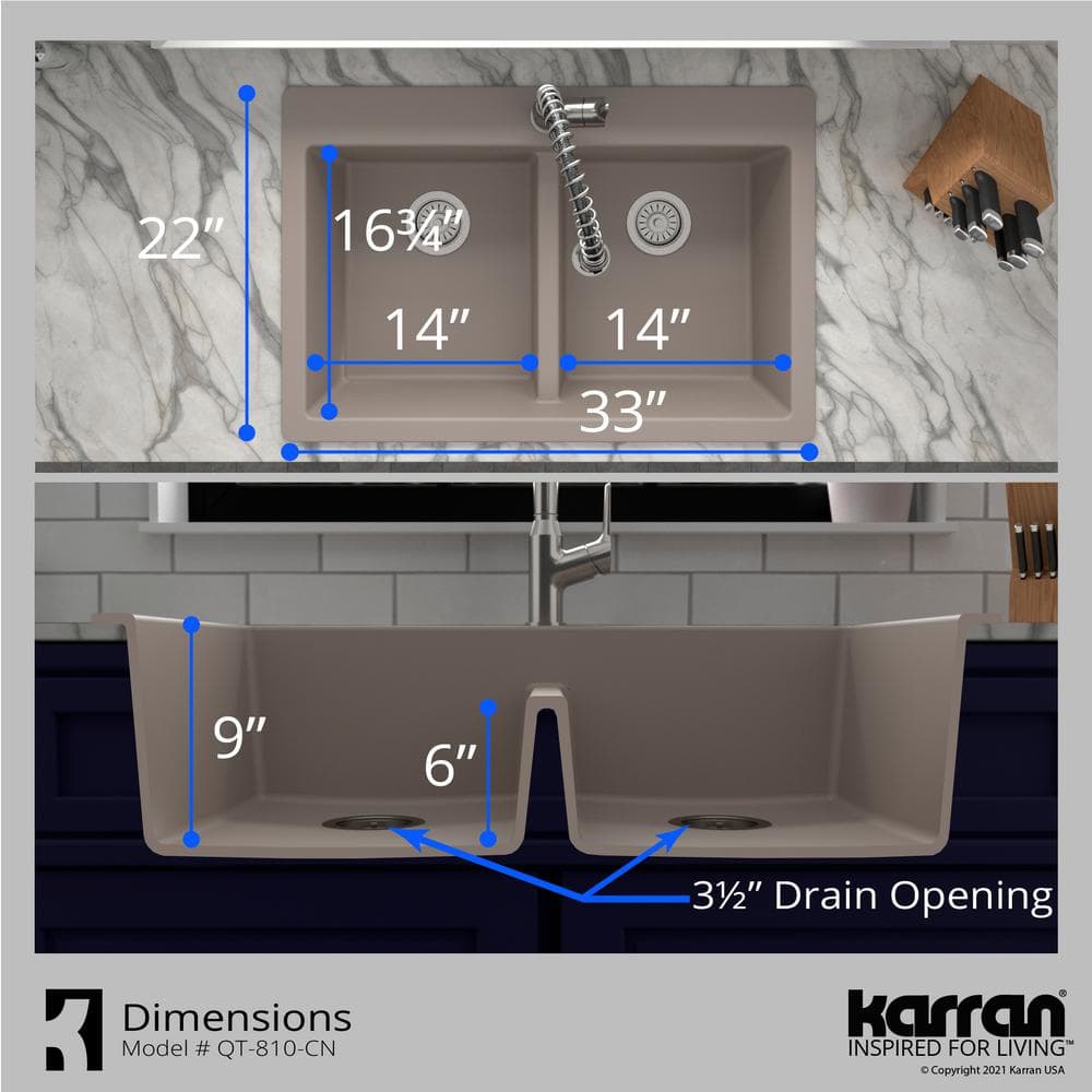 Concrete Quartz 33'' Double Bowl Farmhouse Kitchen Sink