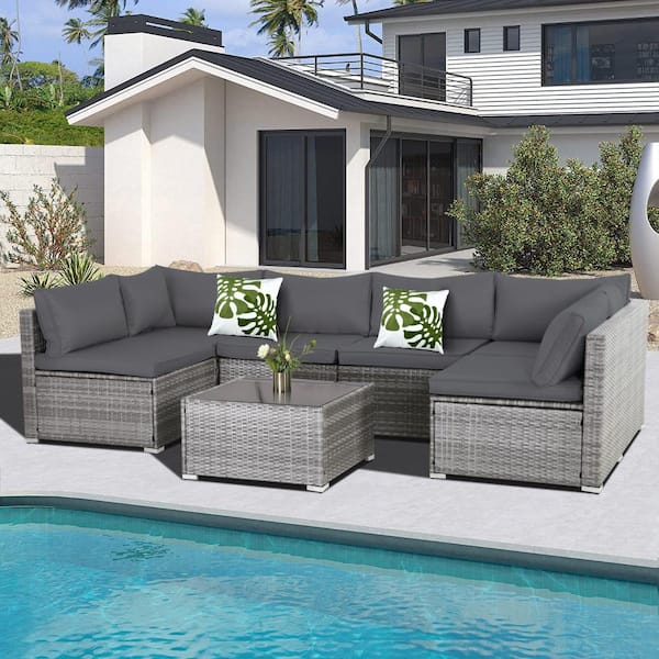 7-Piece Wicker Patio Conversation Set with Table and Gray Cushions