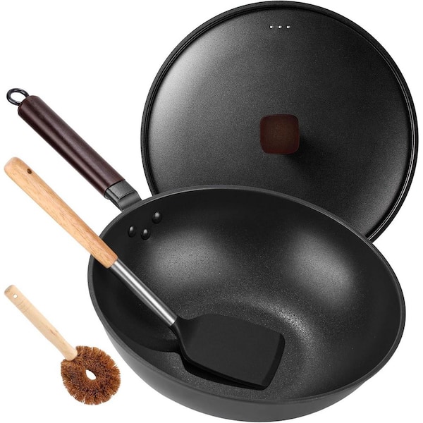 Wok Pan 13" Black Carbon Steel Nonstick, Pre-Seasoned, Flat Bottom with Lid, Spatula & Brush for All Stovetops