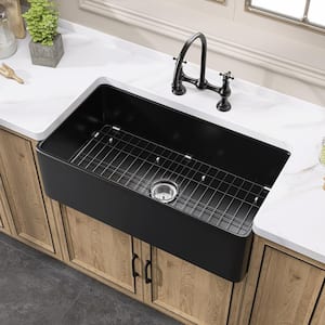 33 in. Fireclay Farmhouse Apron Front Single Bowl Kitchen Sink Matte Black With Bottom Grid and Strainer