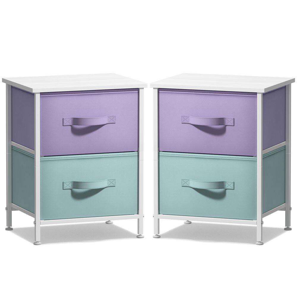 Pastel, 2 Drawers, 11.8" W Nightstand, Set of 2 Kids Bedside Furniture End Table, Steel Frame, Wood Top & Fabric Bins