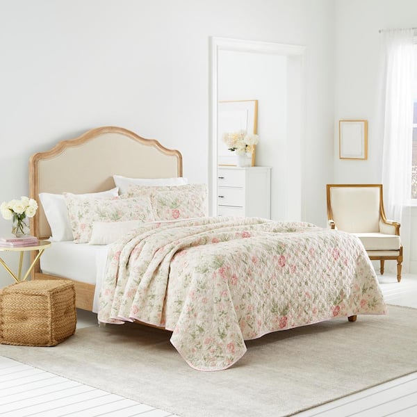 Laura Ashley Breezy Floral 3-Piece Pink and Green Floral Cotton Full/Queen Quilt Set