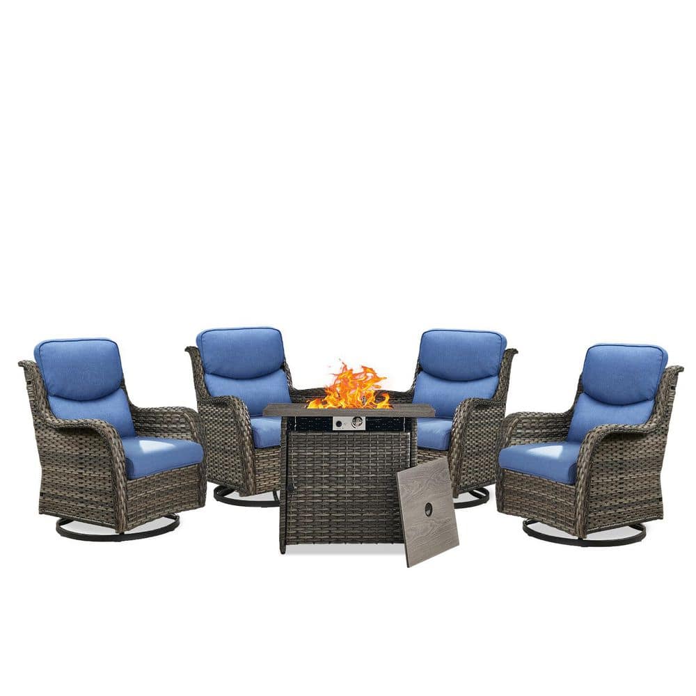 Carolina 5-Piece Gray Wicker Outdoor Fire Pit Table with Swivel Chair Blue Cushions price history on PriceWatchPro
