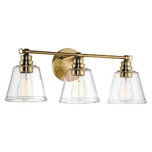 Adair 23 in. 3-Light Cool Brass/Gold Modern Vanity Light with Conic Hammered Glass Shades, No Bulb Included