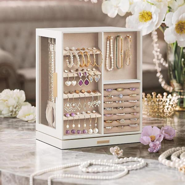 modern jewelry dresser Modern Fluted White Dresser & Chest with Tempered Glass Top & Jewelry DisplayHomary