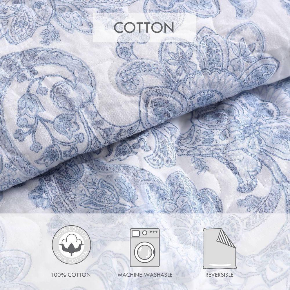 Blue Paisley Cotton Twin Quilt Set with Shams