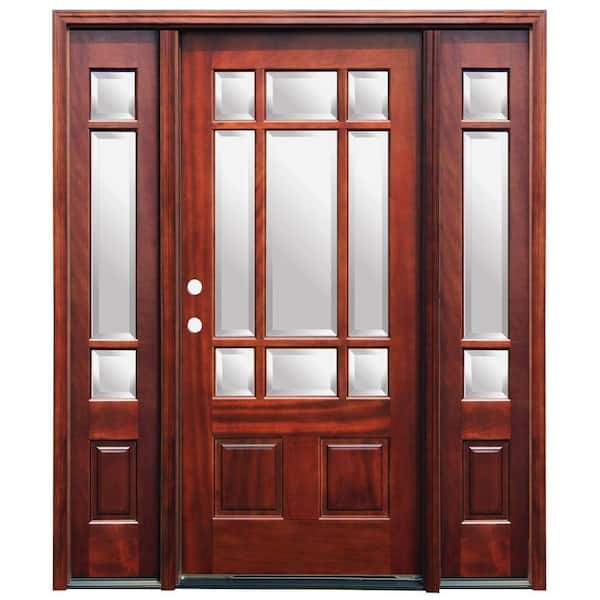 Pacific Entries 66 in. x 80 in. Craftsman 9 Lite Stained Mahogany Wood Prehung Front Door with 12 in. Sidelites