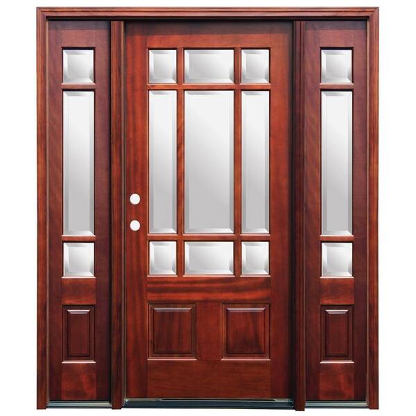 Pacific Entries 70 in. x 80 in. Craftsman 9 Lite Stained Mahogany Wood Prehung Front Door with 6 in. Wall Series and 14 in. Sidelites