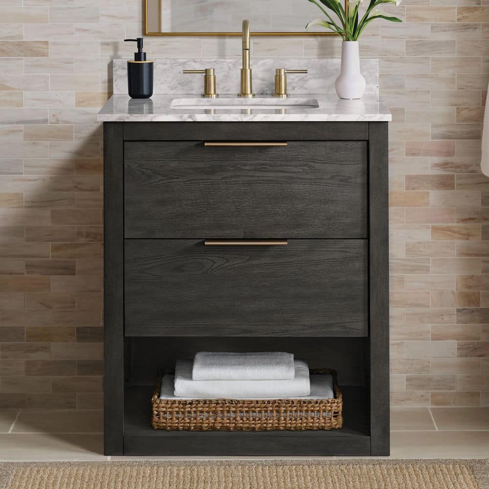 Kortine 30 in. Single Sink Black Oak Bath Vanity with White Natural Carrara
