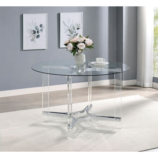 Keeling Contemporary Chrome and Clear Glass Top Acrylic 48 in. Trestle Round Dining Table Seats 4-6