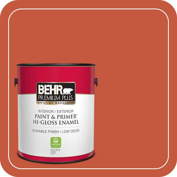 BEHR PREMIUM PLUS 1 gal. #BIC-31 Fire Coral Hi-Gloss Enamel Interior/Exterior Paint & Primer