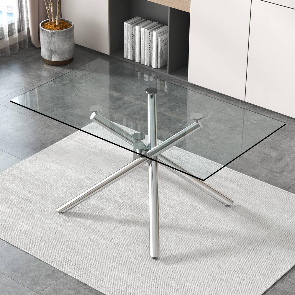 63 Inch Clear Glass Dining Table with Silver Chrome Cross Legs