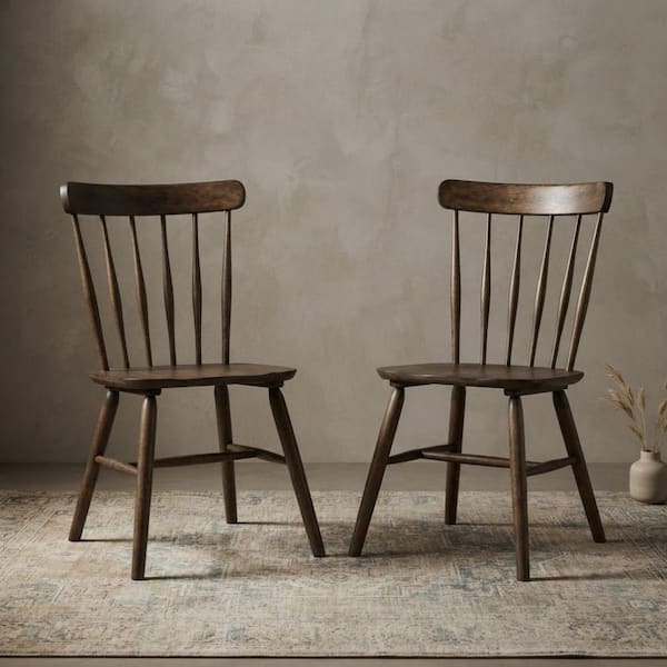 Bitchinah Natural Walnut Solid Wood Side Chair Set of 2 with Windsor Spindle-Back and Contoured Seat