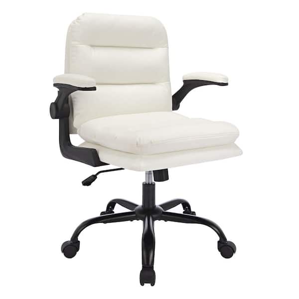 VECELO Office Chair Faux Leather Swivel Ergonomic Task Chair in White with Flip-up Armrest and Thickened Cushion