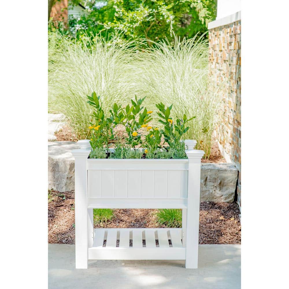 Cambridge White Vinyl Raised Garden Planter with Shelf