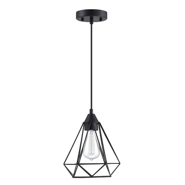 1-Light Black Finish Mini Polygon Chandelier With Steel Cage