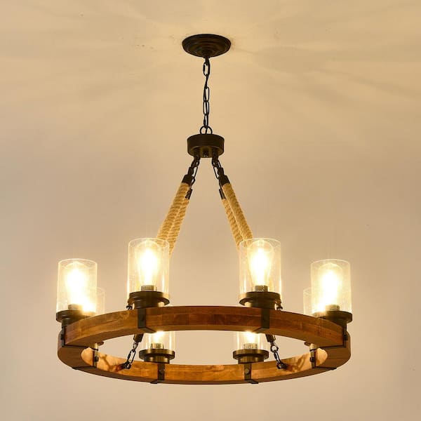 Farmhouse Wooden Wagon Wheel Chandelier 8 Lights 30 in. Rustic Light for Living Dining Room Kitchen Entryway Foyer