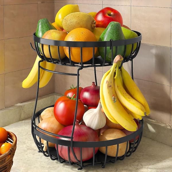 2-Tier Metal Fruit Basket Bowl with 2-Banana Hangers for Kitchen Counter, Bread, Vegetable and Fruits Storage (1-Pack)