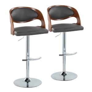 Pino 33 in. Grey Faux Leather, Walnut Wood and Chrome Metal Adjustable Bar Stool with Rounded T Footrest (Set of 2)